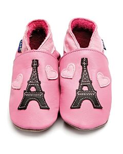 Inch Blue: Soft Sole Leather Shoes - Eiffel Tower Rose Pink - Extra Large (18-24 months)