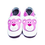 Inch Blue: Soft Sole Leather Shoes - Bear White/Pink - Small (0-6 months)
